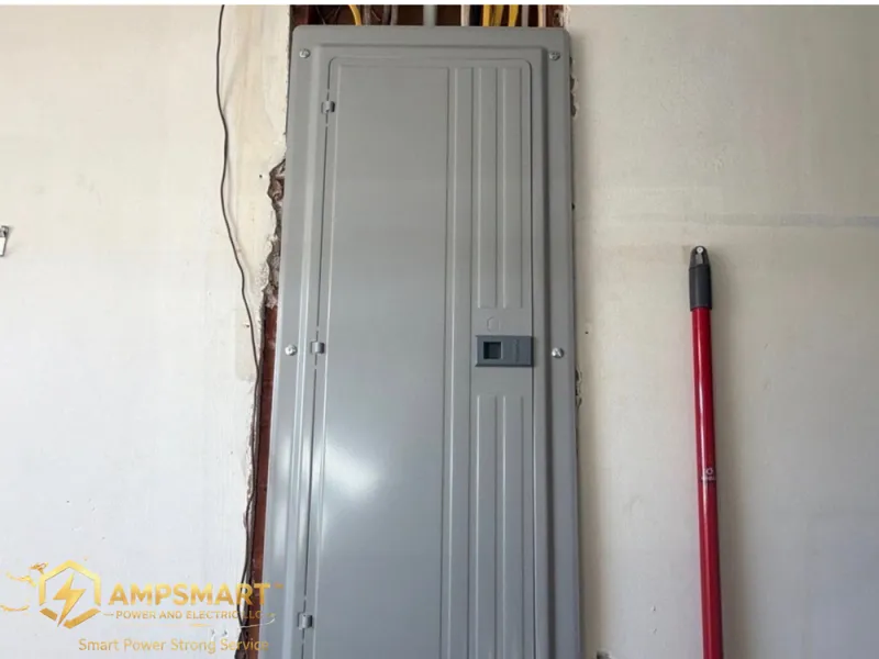 Large gray electrical panel with a service upgrade