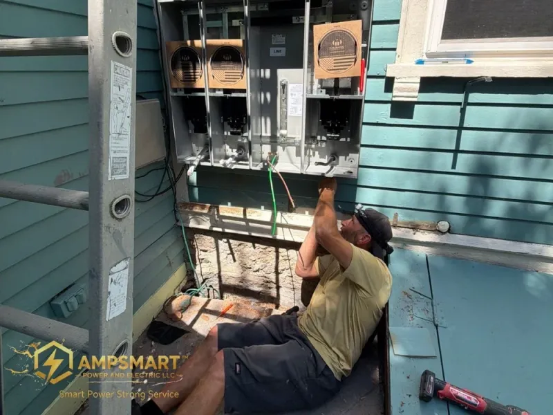 Electrician working at an exterior meter bank