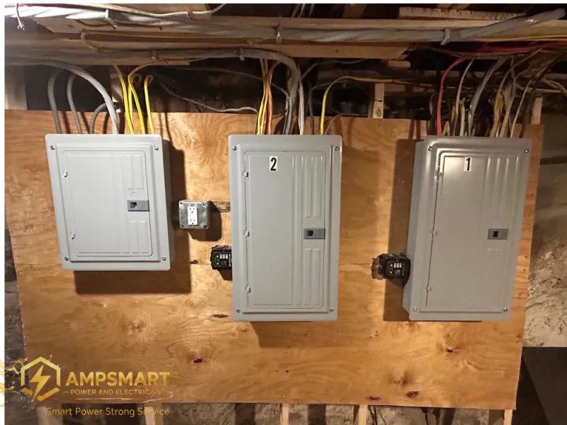Three new panels mounted on plywood in a basement