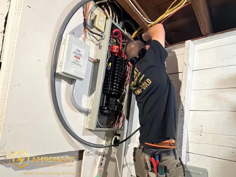 Electrician working on an exterior service panel
