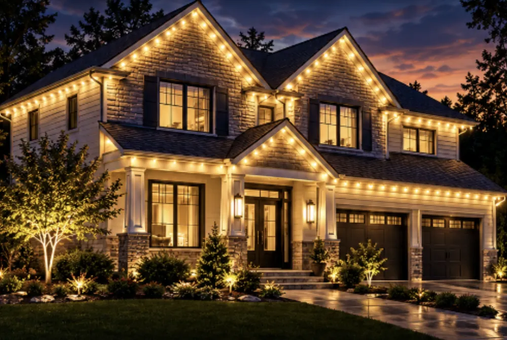 Home with permanent outdoor lighting glowing at dusk